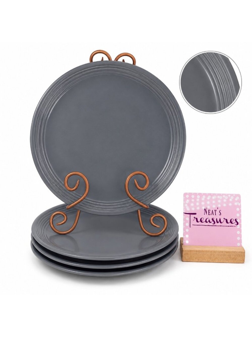 Mainstays CHIARA GRAY Solid Embossed Rim Solid Stoneware Dinner Plates Set of 4